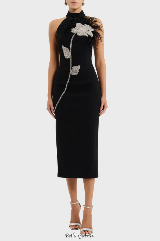 beatrice flower rhinestone feather halter Midi Dress in Black