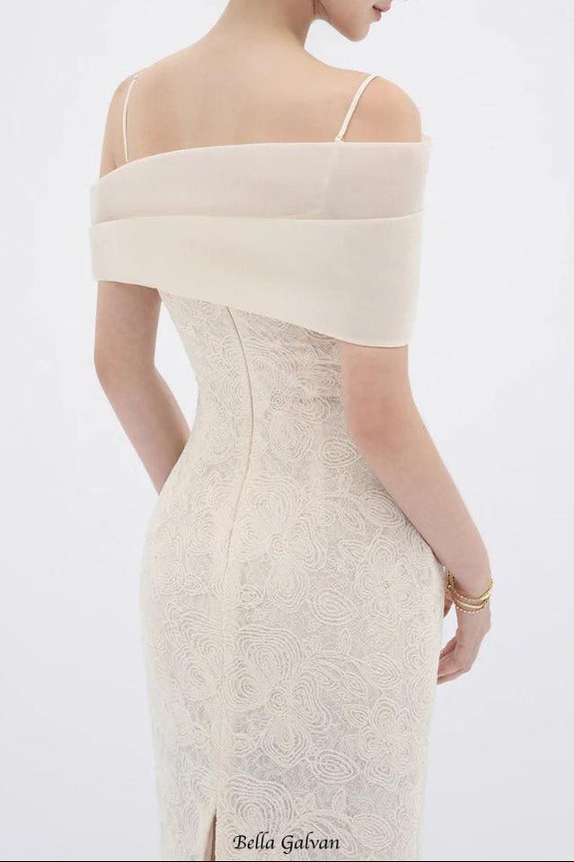tiffany apricot Sheath off Shoulder Sleeve Lace Maxi Dress