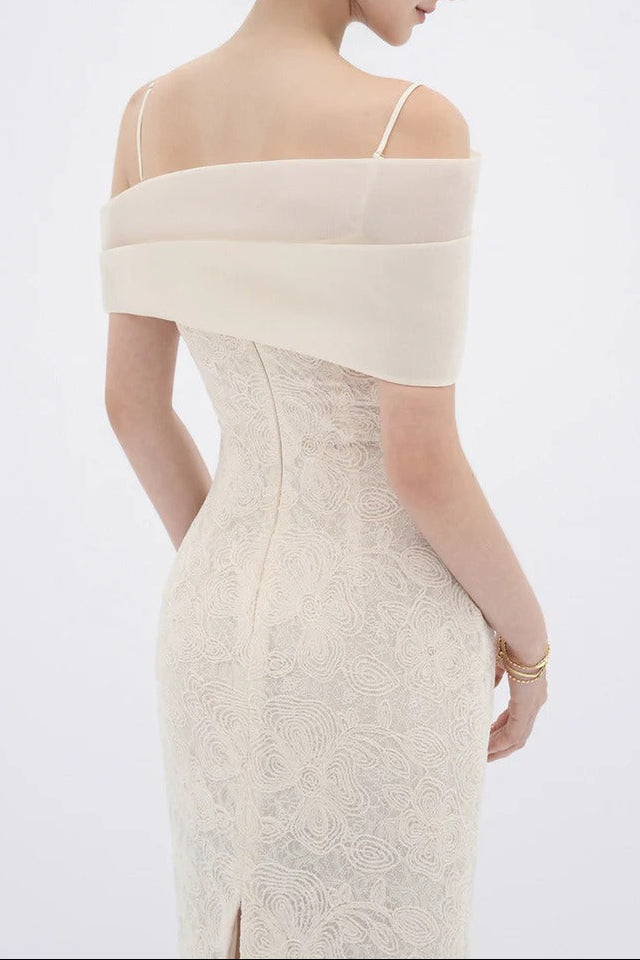 Tiffany Apricot Sheath Off Shoulder Sleeve Lace Maxi Dress