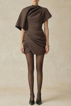 Agatha Asymmetric Sleeve Draped Mini Dress In Brown
