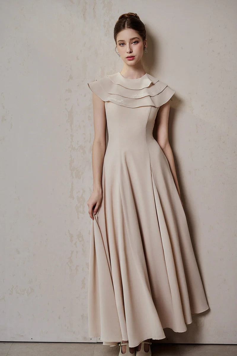Flowering Girl Women A-Line Jewel Neck Viscose Ankle Maxi Dress In Beige