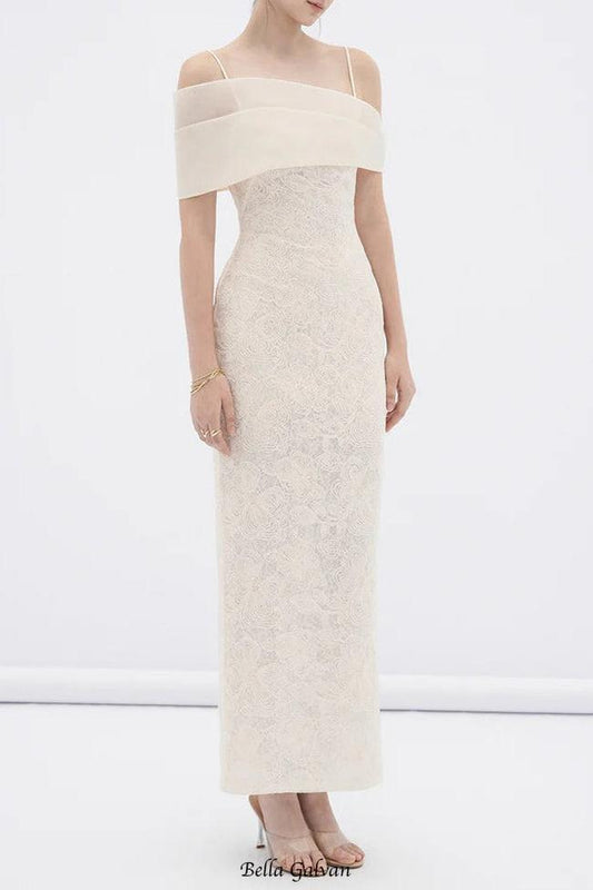 tiffany apricot Sheath off Shoulder Sleeve Lace Maxi Dress