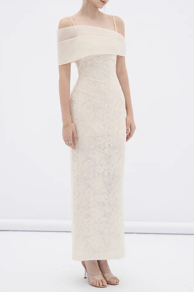 Tiffany Apricot Sheath Off Shoulder Sleeve Lace Maxi Dress