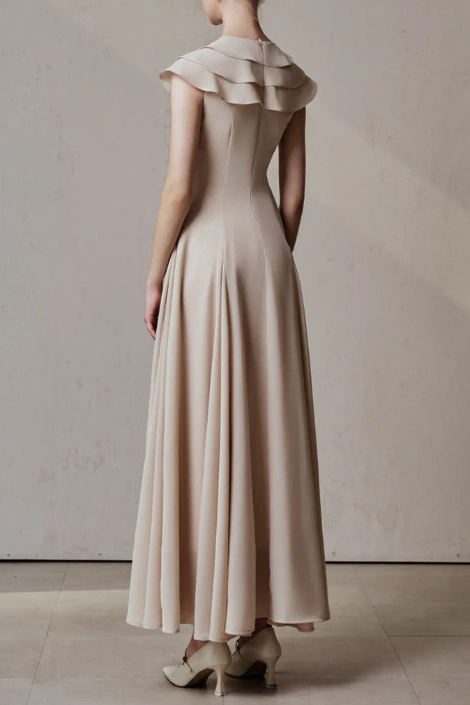 Flowering Girl Women A-Line Jewel Neck Viscose Ankle Maxi Dress In Beige
