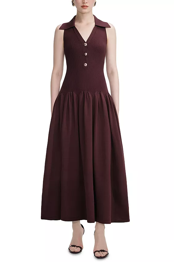 Meredith Ribbed Midi Dress In Brick Red