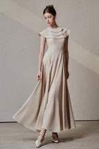 A-line Jewel Neck Viscose Ankle maxi Dress in beige