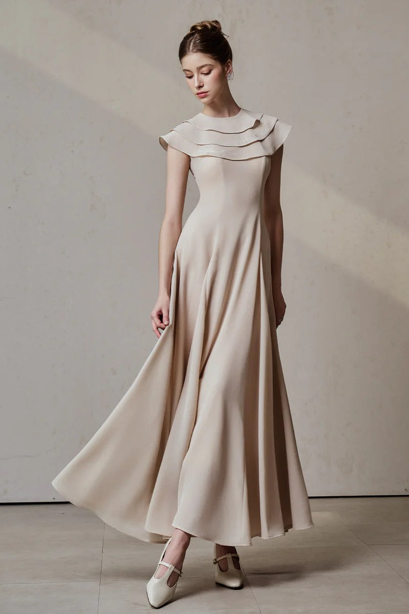 Flowering Girl Women A-Line Jewel Neck Viscose Ankle Maxi Dress In Beige