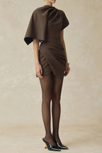 Agatha Asymmetric Sleeve Draped Mini Dress In Brown