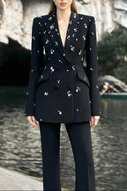 Flowering Girl Women Myra Black Straight Flared Velvet Floor Length Pants Rhinestone Blazer Set