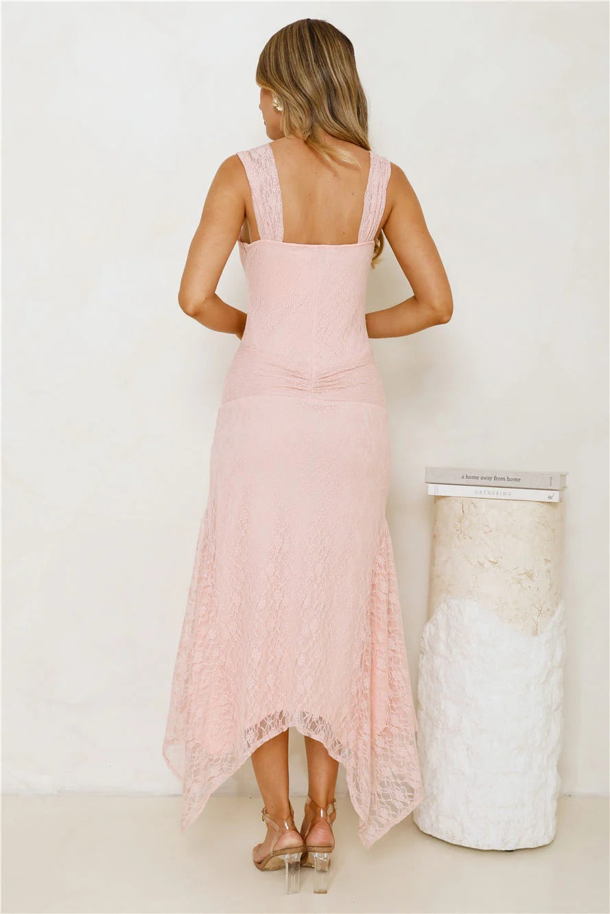 Bow Strap Ruched Lace Mermaid Midi Dress