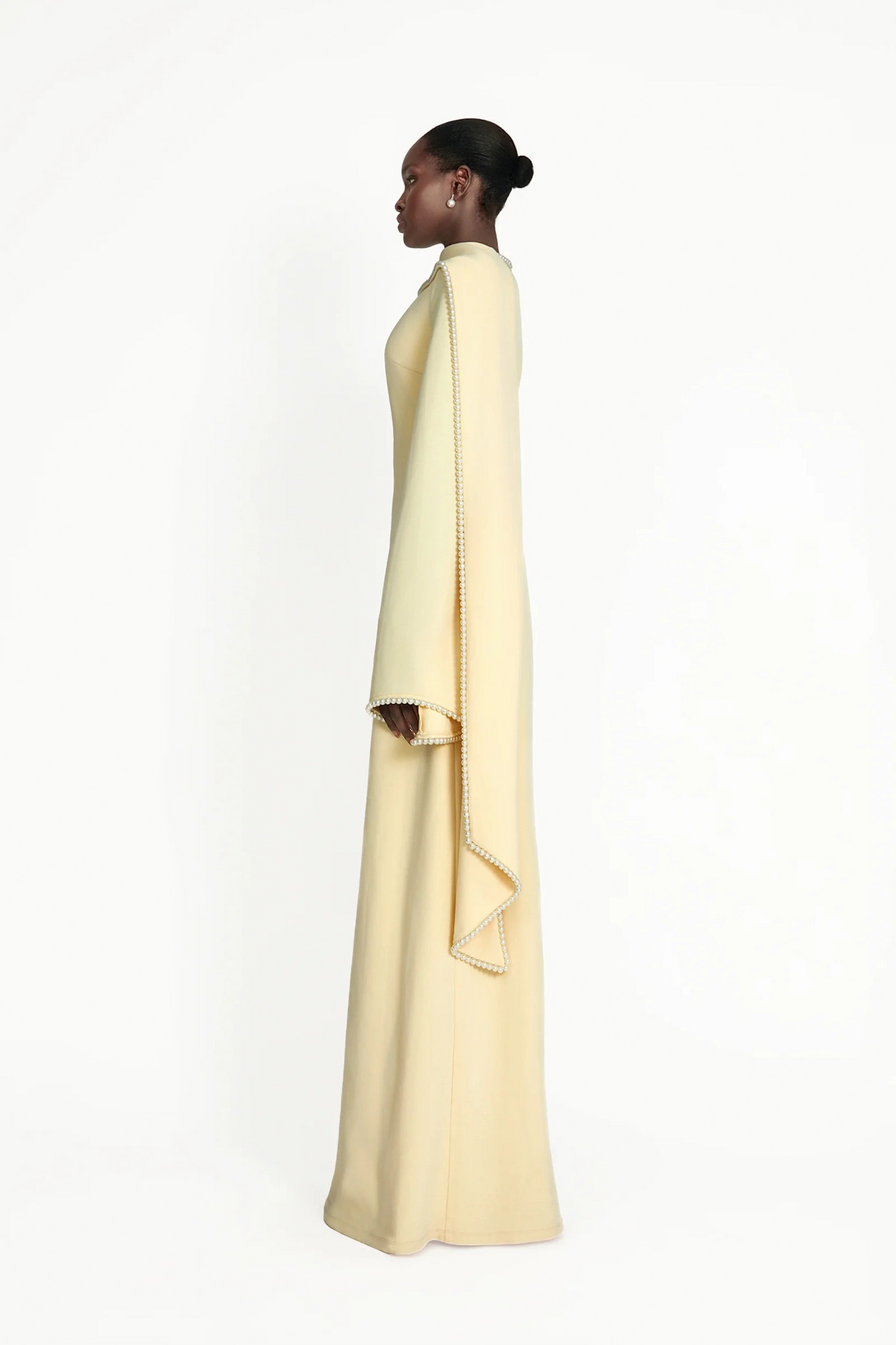 murray Yellow Pearl Trim Shawl Detail Maxi Dress