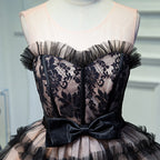lorraine bow lace strapless puffy mini dress in black