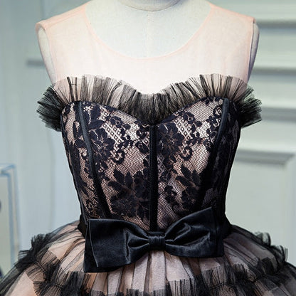 lorraine bow lace strapless puffy mini dress in black