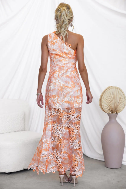 One Shoulder Floral Lace Midi Mermaid Dress
