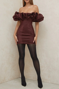 Flowering Girl Women Burgundy Satin Ruffle Strapless Mini Dress