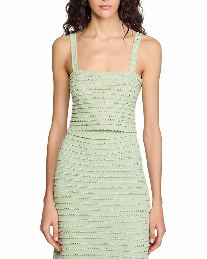 Flowering Girl Women Rhinestone Trim Knit Crop Top In Almond Green