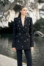 myra black Straight Flared Velvet Floor Length Pants rhinestone blazer set
