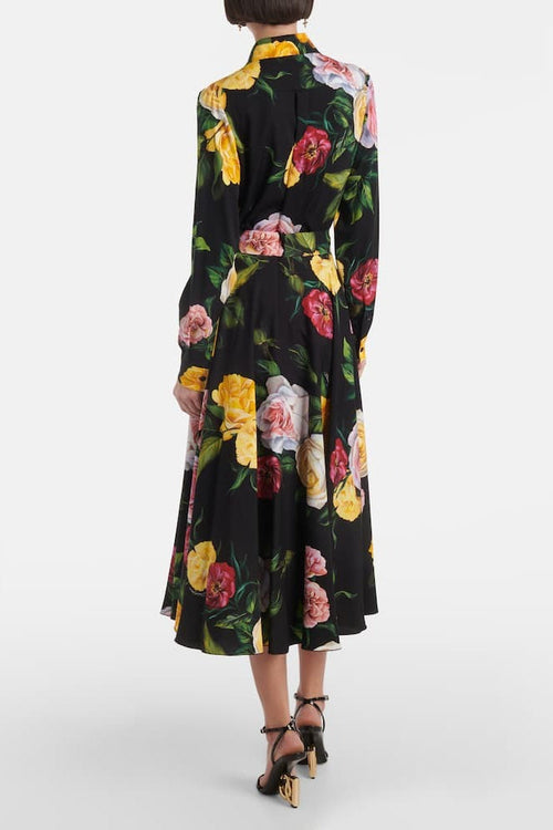 Flowering Girl Women Black Floral Print Shirt & Midi Skirt Co-ord Set