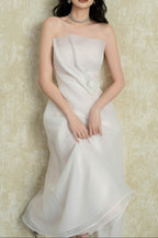 Strapless Layered Organza Midi Dress In White