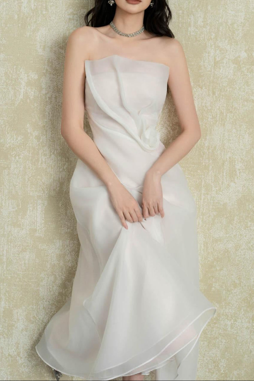 Strapless Layered Organza Midi Dress In White