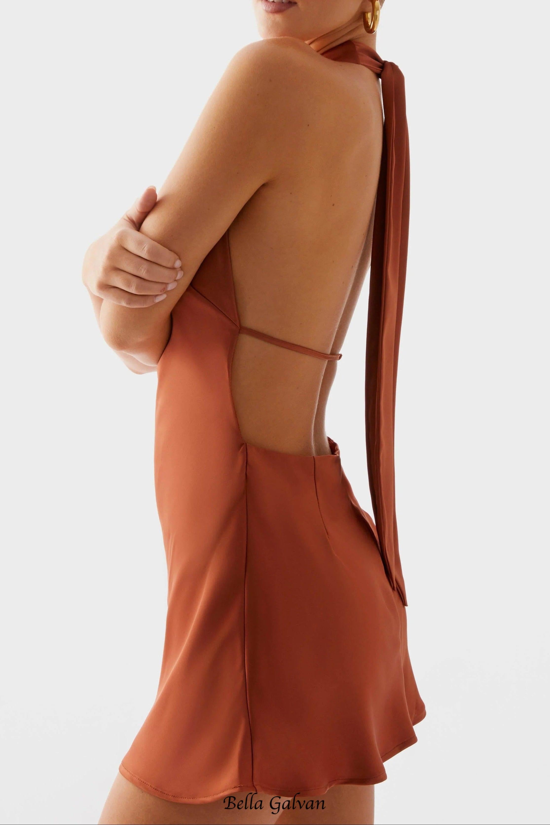 halter backless satin Mini Dress in Rust