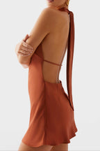 Halter Backless Satin Mini Dress In Rust