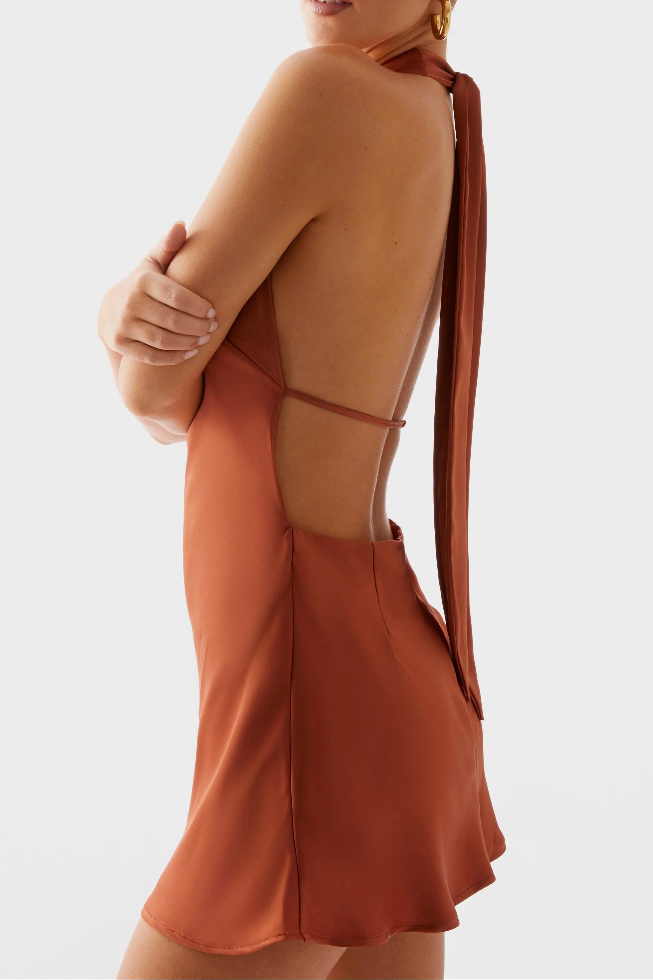 Halter Backless Satin Mini Dress In Rust