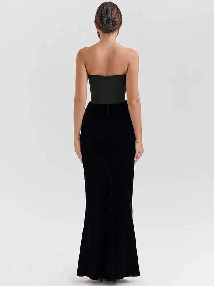 Flowering Girl Women Black Velvet Strapless Corset Maxi Dress