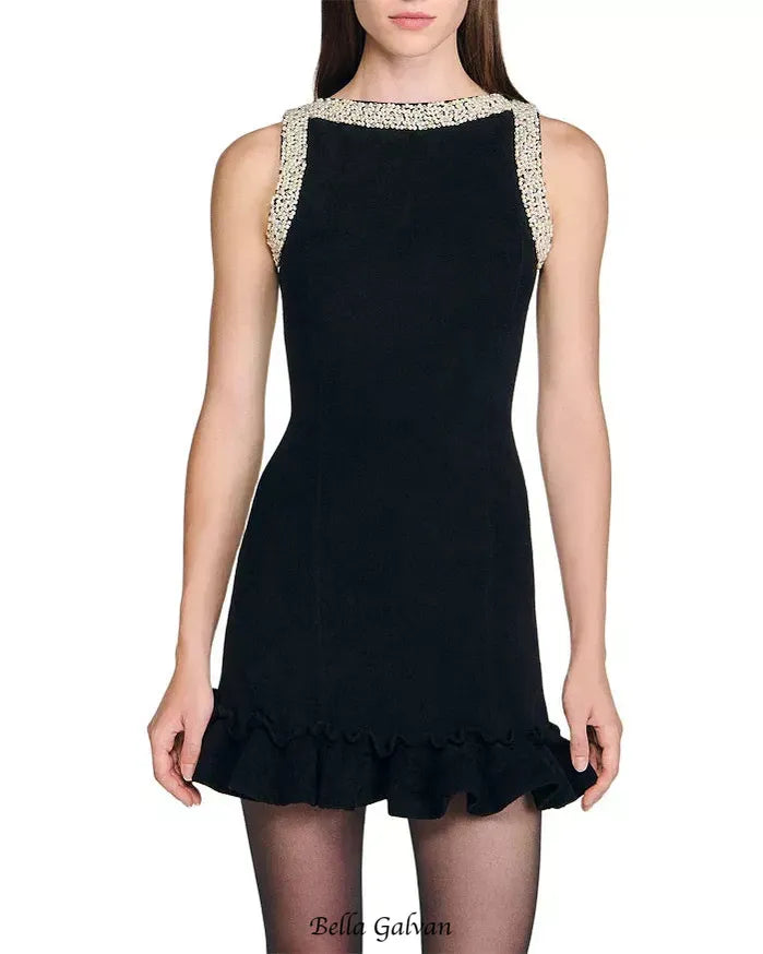 simona ruffle trim Beaded mini Dress in black