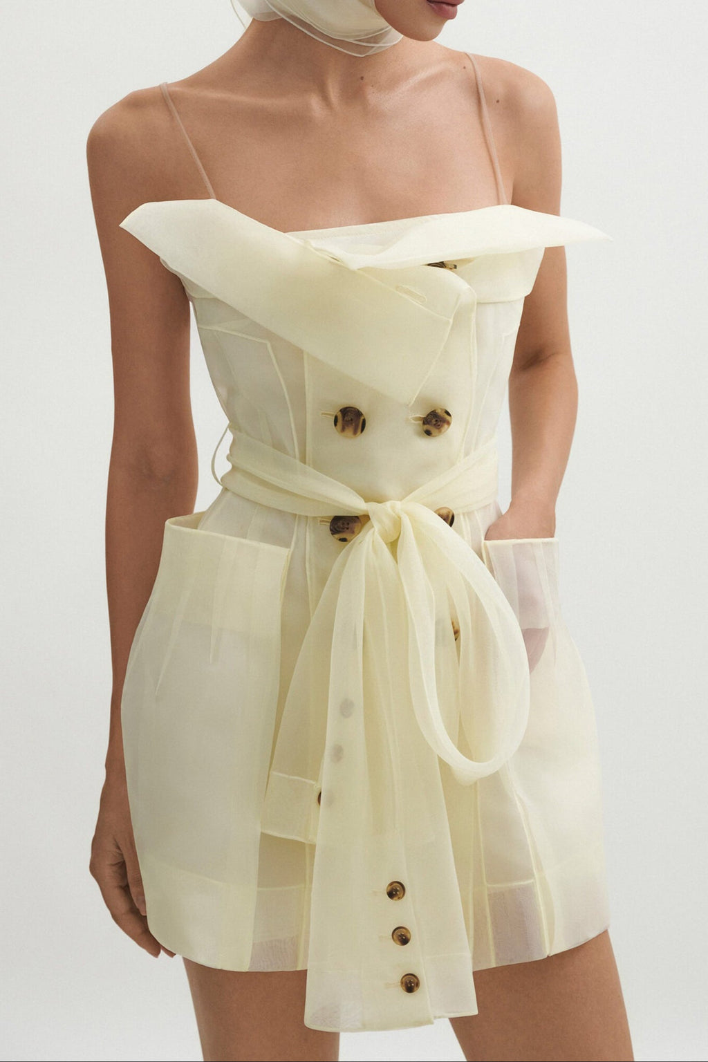 Flowering Girl Women Spaghetti Strap Organza Belted Double-Breasted Mini Trench Dress