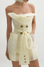 Flowering Girl Women Spaghetti Strap Organza Belted Double-Breasted Mini Trench Dress