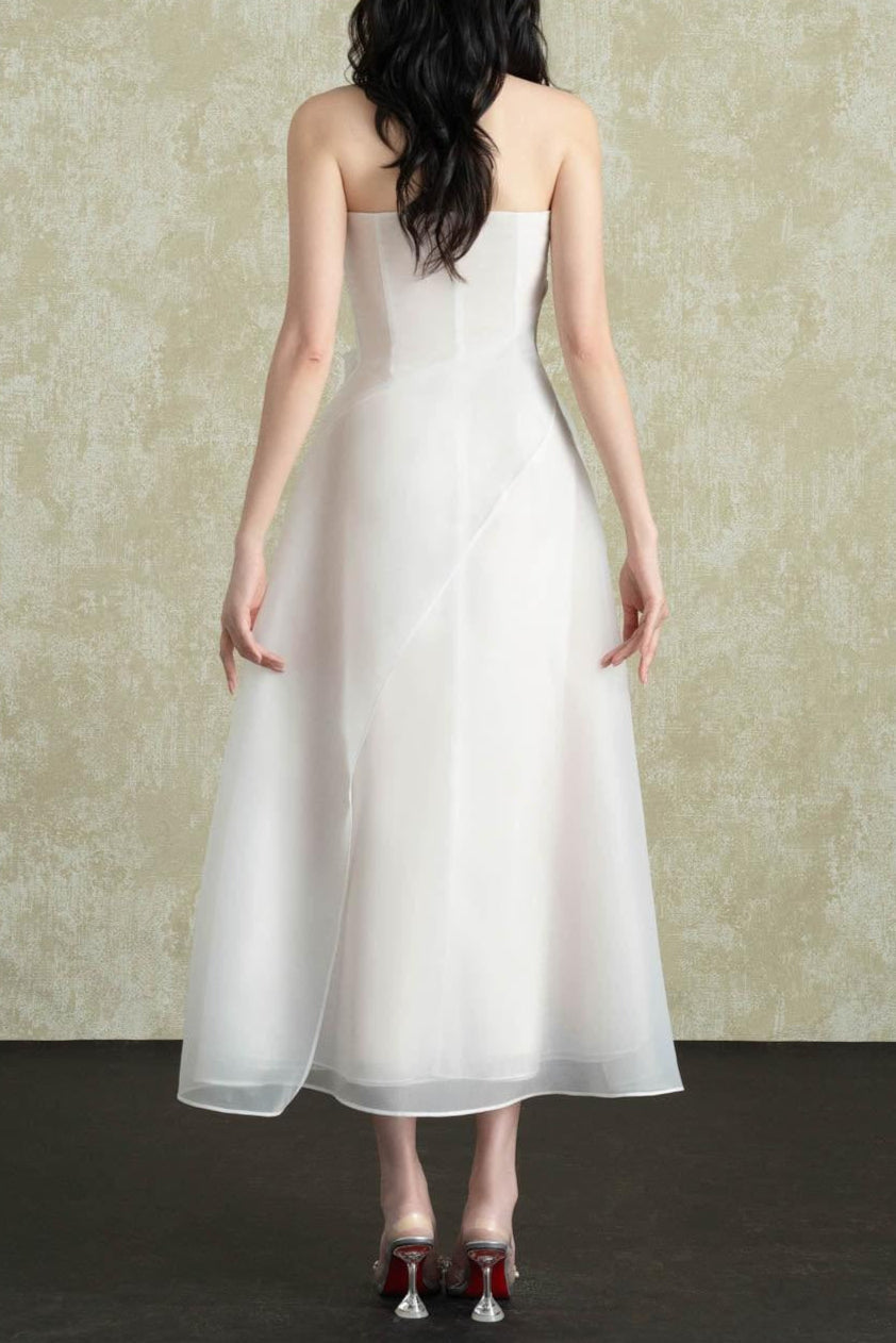Strapless Layered Organza Midi Dress In White