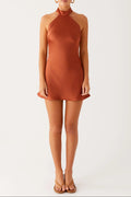 Halter Backless Satin Mini Dress In Rust