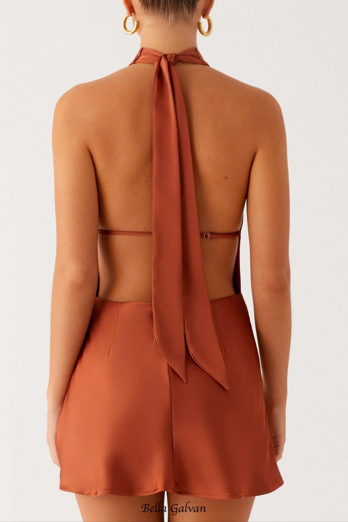 halter backless satin Mini Dress in Rust