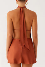 Halter Backless Satin Mini Dress In Rust
