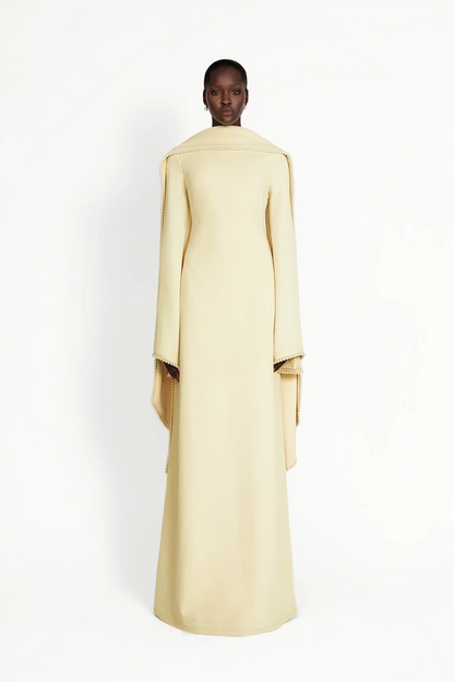 murray Yellow Pearl Trim Shawl Detail Maxi Dress