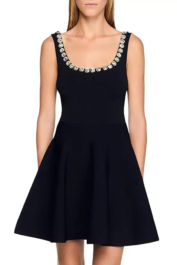 Octavia Rhinestone Embellished Knit Mini Dress In Black