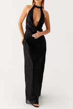 Sequin Cutout Halter Backless Maxi Dress In Black
