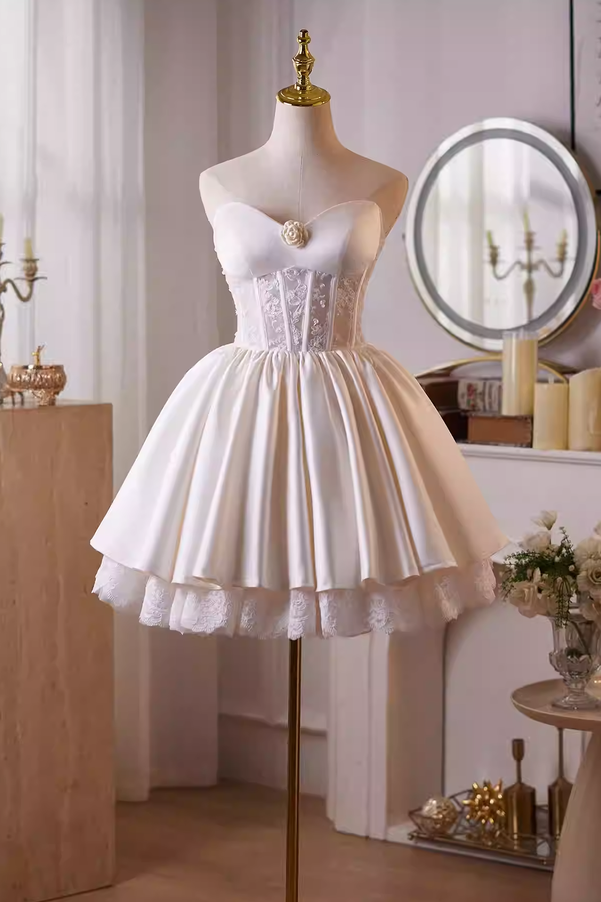 helen white flower Strapless lace satin mini dress