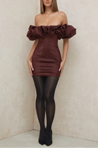 burgundy satin ruffle strapless mini dress