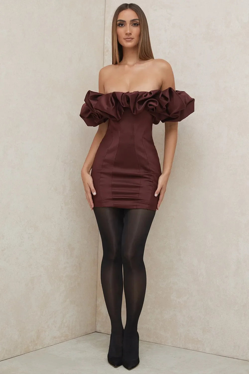 Flowering Girl Women Burgundy Satin Ruffle Strapless Mini Dress