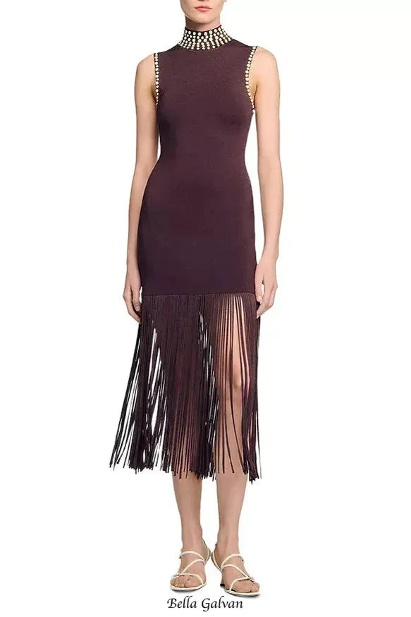lara Brown Fringe Knit Embellished sleevless midi Dress