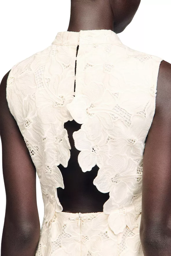 embroidery backless Guipure mini Dress in ecru