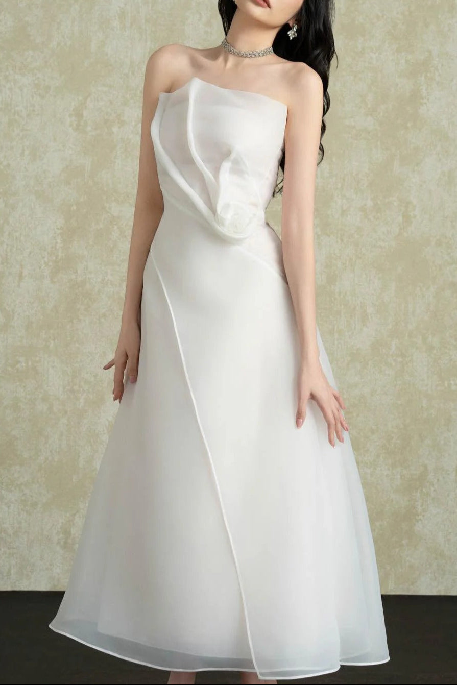Strapless Layered Organza Midi Dress In White