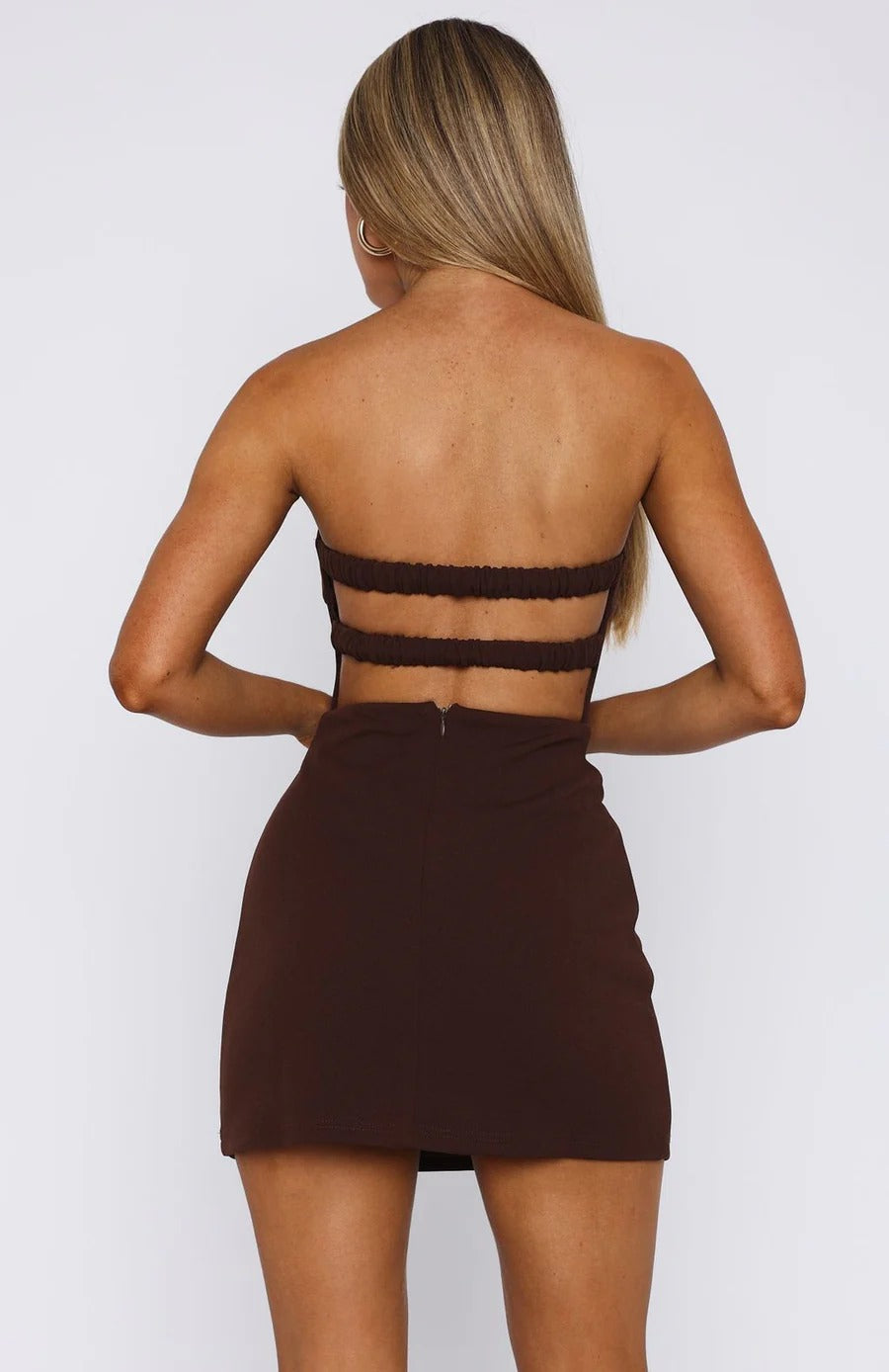 Flowering Girl Women Backless Strapless Slim Mini Dress In Brown