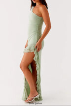 one-shoulder slit ruffle trim Maxi Dress in Sage green