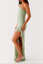 One-Shoulder Slit Ruffle Trim Maxi Dress In Sage Green