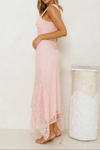 Bow Strap Ruched Lace Mermaid Midi Dress