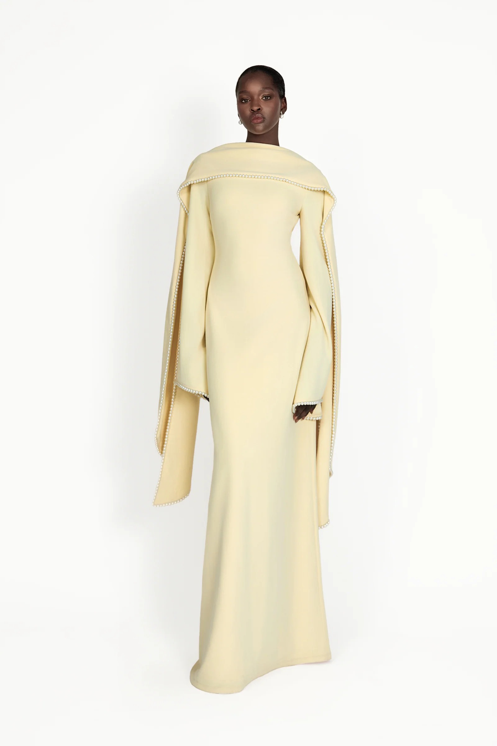 Flowering Girl Women murray Yellow Pearl Trim Shawl Detail Maxi Dress