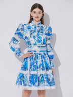 Sabrina Lace-Paneled Printed Lantern Sleeves Mini Dress In Blue